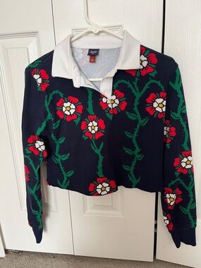 Rowing blazers for target Navy Floral Cropped Rugby Pullover with White Collar
